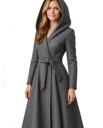 Women's gray wool hooded wrap coat shown front and back with a tie belt, long sleeves, overlapping front, and long flared shape.