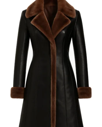 Women's long black leather-style winter coat with a brown fur collar and cuffs, long sleeves, vertical seams, and a full-length shape