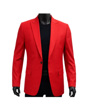 Red long-sleeve blazer coat with lapel collar, buttoned cuffs, tailored shape, and rounded hem shown from front, back, and side views