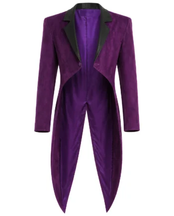 Purple Dr. Facilier inspired tailcoat with black lapels, long sleeves, pointed front and back tails, shown from the front and rear.