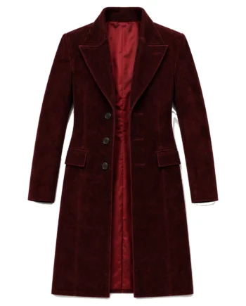 Burgundy Willy Wonka-inspired long coat with raised collar, flap pockets, long sleeves, tailored seams, and an extended overall shape