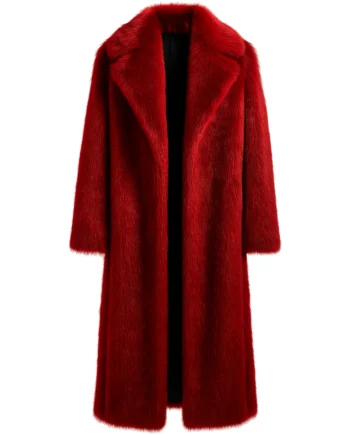 Red Ken inspired fur-textured coat with a wide collar, long sleeves, extended length, and broad back panel for Barbie cosplay styling