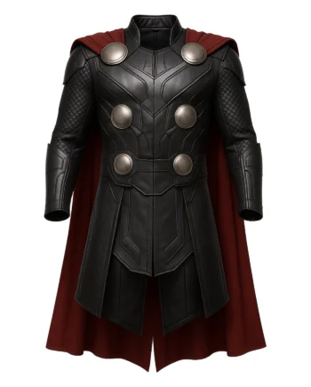Thor-inspired black and red cosplay coat with silver-tone armor accents, long sleeves, raised collar, and flowing cape shown from the front