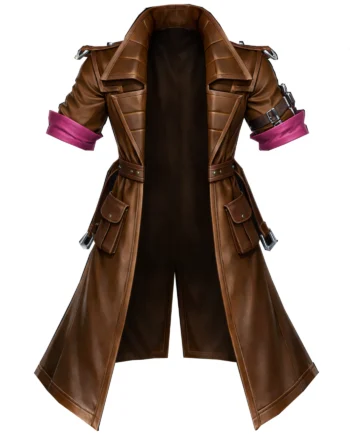 Brown Gambit inspired Marvel Rivals trench coat with pink cuffs, layered front panels, waist belts, long sleeves, and rear emblem detail