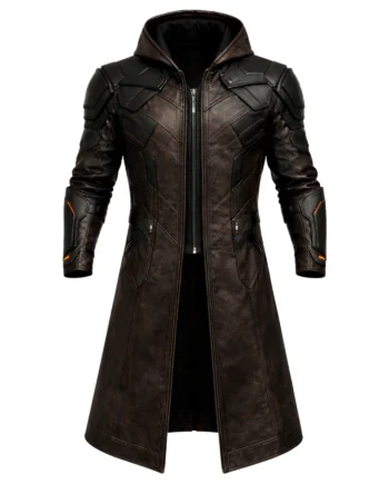 Dark brown and black futuristic cyberpunk coat with hood, angular armor-style panels, long sleeves, waist belt, and red sleeve accents
