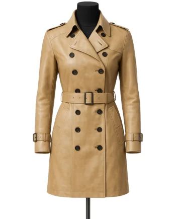 Camel tan Ada Wong inspired trench coat with long sleeves, belt, shoulder tabs, cuff straps, dark buttons, and structured collar