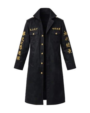 Black Manjiro Sano inspired long coat with gold Japanese embroidery, lapel collar, button front, sleeve lettering, and large rear emblem