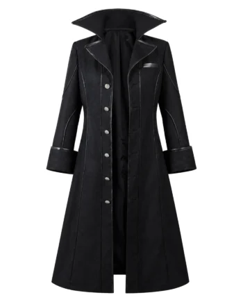 Black Joker-inspired Persona 5 long coat with wide lapel collar, shaped panels, silver buttons, waist belt, and flared hem