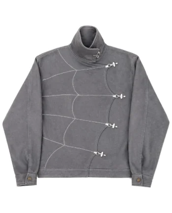 Gray spider web inspired jacket with white curved stitching, high stand collar, long sleeves, buttoned cuffs, and rear toggle details