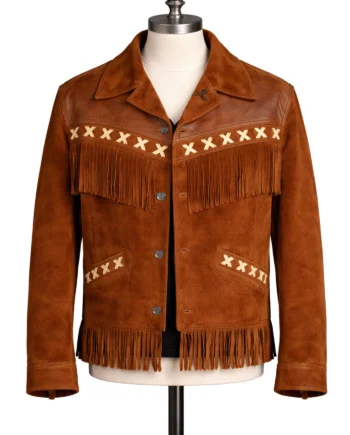 Brown Pete Davidson-inspired fringe jacket with cream X stitching, lapel collar, long sleeves, chest panels, and layered hem fringe