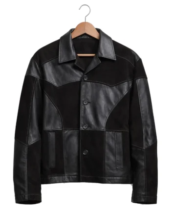 Black Nick Jonas inspired patchwork leather-style jacket with lapel collar, button front, long sleeves, curved panels, and contrast stitching