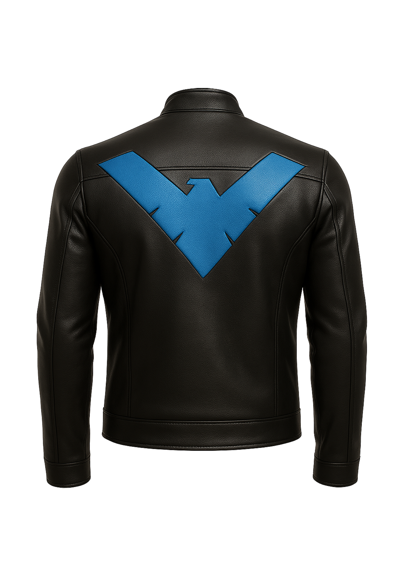 Black and blue Nightwing-inspired jacket shown front and back, with a large blue wing emblem, raised collar, long sleeves, and paneled cuffs.