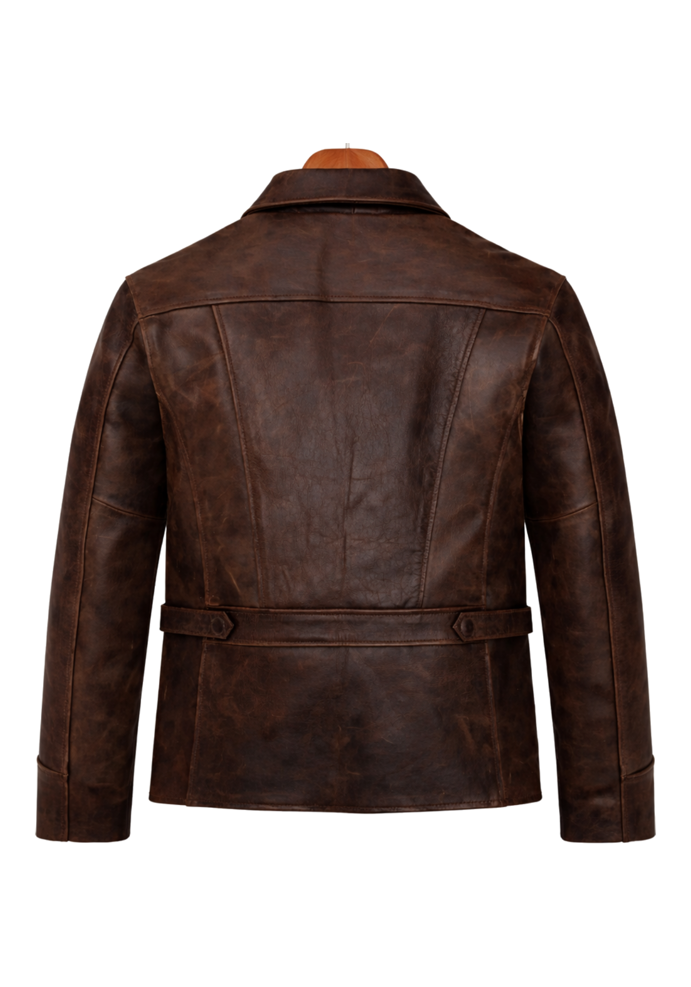 Brown leather-style Ethan Hunt inspired jacket with broad collar, long sleeves, panel seams, and rear waist belt shown in front and back views.