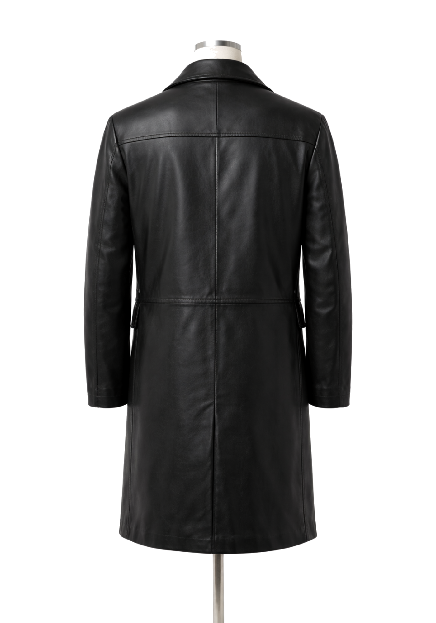 Black Max Payne 1 inspired long coat with broad lapels, double-breasted buttons, flap pockets, long sleeves, and structured back seams
