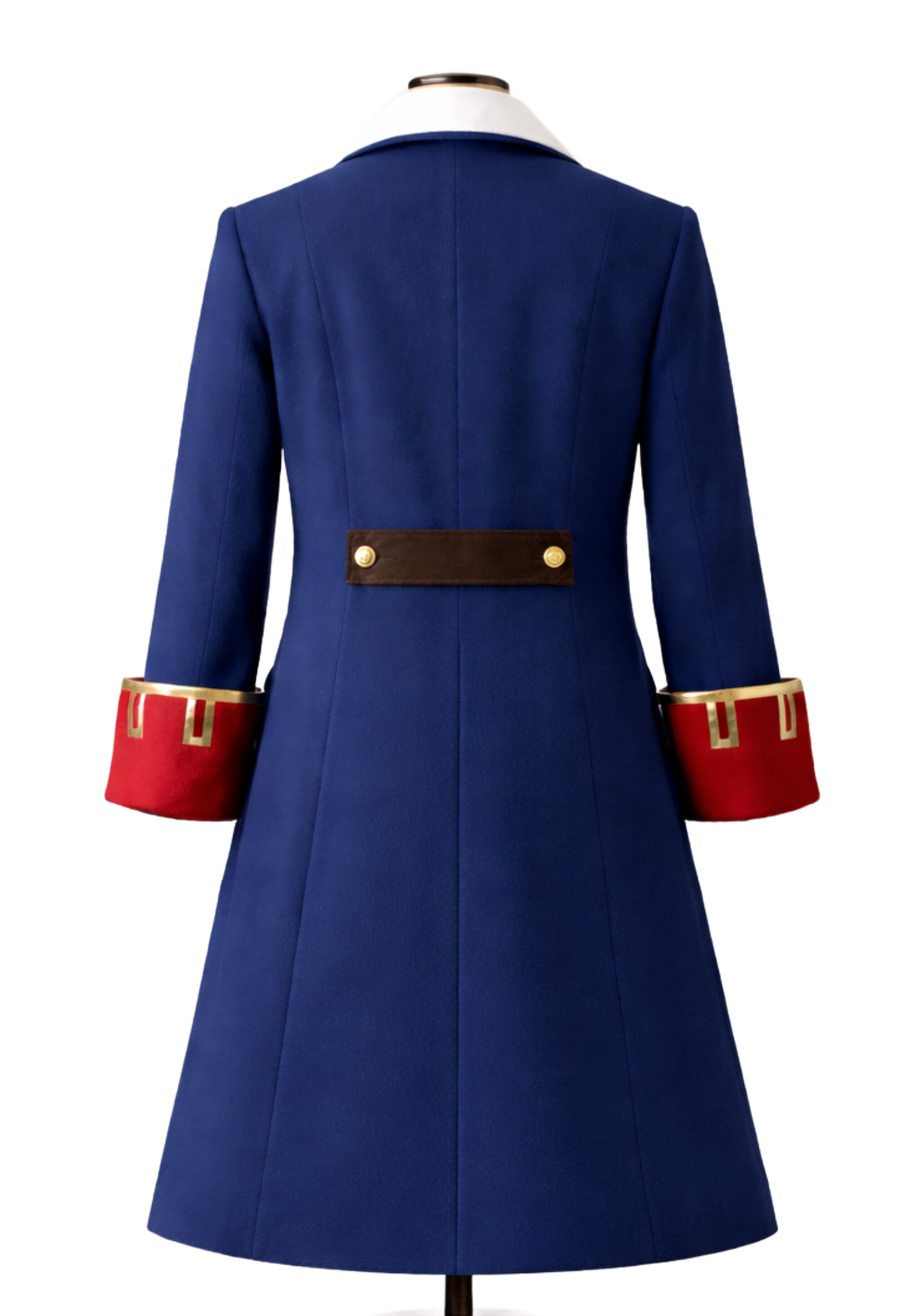 Blue Guybrush-inspired pirate coat with red cuffs, white collar, brown trim, gold buttons, and a long flared shape