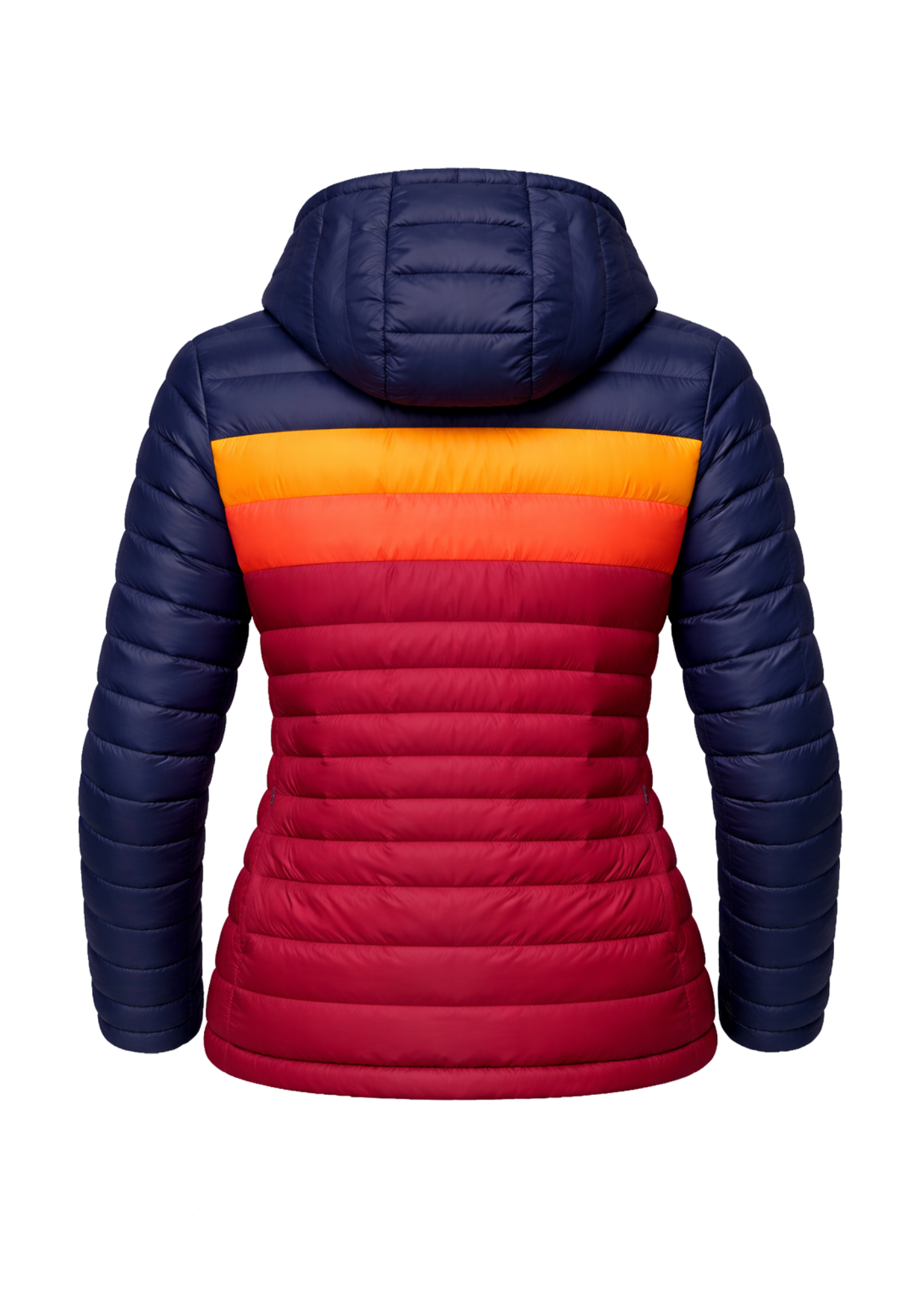 Alice-inspired women's puffer jacket in navy, orange, coral, and red with a hood, horizontal quilting, front zipper, and lower pocket zippers