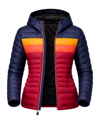 Alice-inspired women's puffer jacket in navy, orange, coral, and red with a hood, horizontal quilting, front zipper, and lower pocket zippers