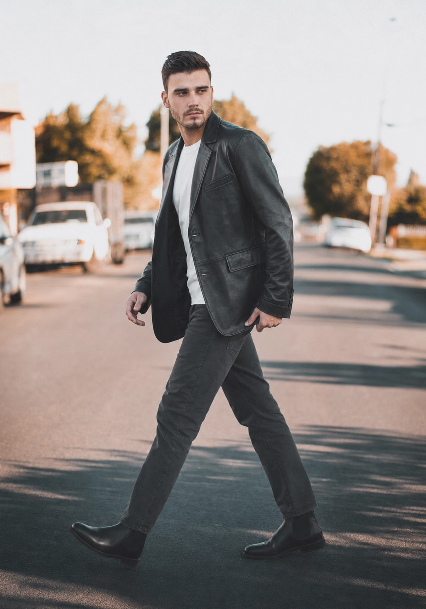 Black men's blazer with lapel collar, long sleeves, stitched panel seams, cuff buttons, and a straight extended hem shown from multiple angles