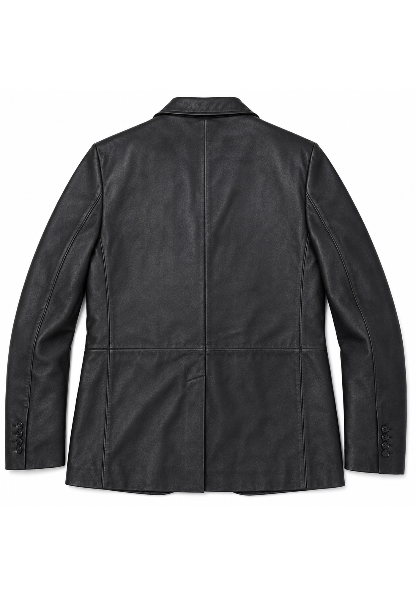 Black men's blazer with lapel collar, long sleeves, stitched panel seams, cuff buttons, and a straight extended hem shown from multiple angles