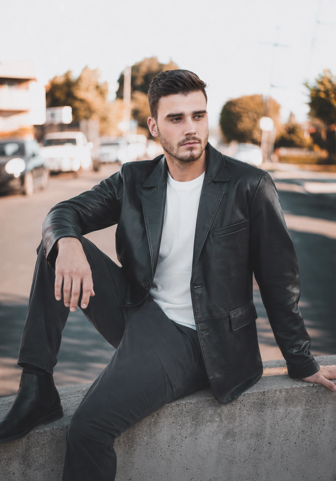 Black men's blazer with lapel collar, long sleeves, stitched panel seams, cuff buttons, and a straight extended hem shown from multiple angles