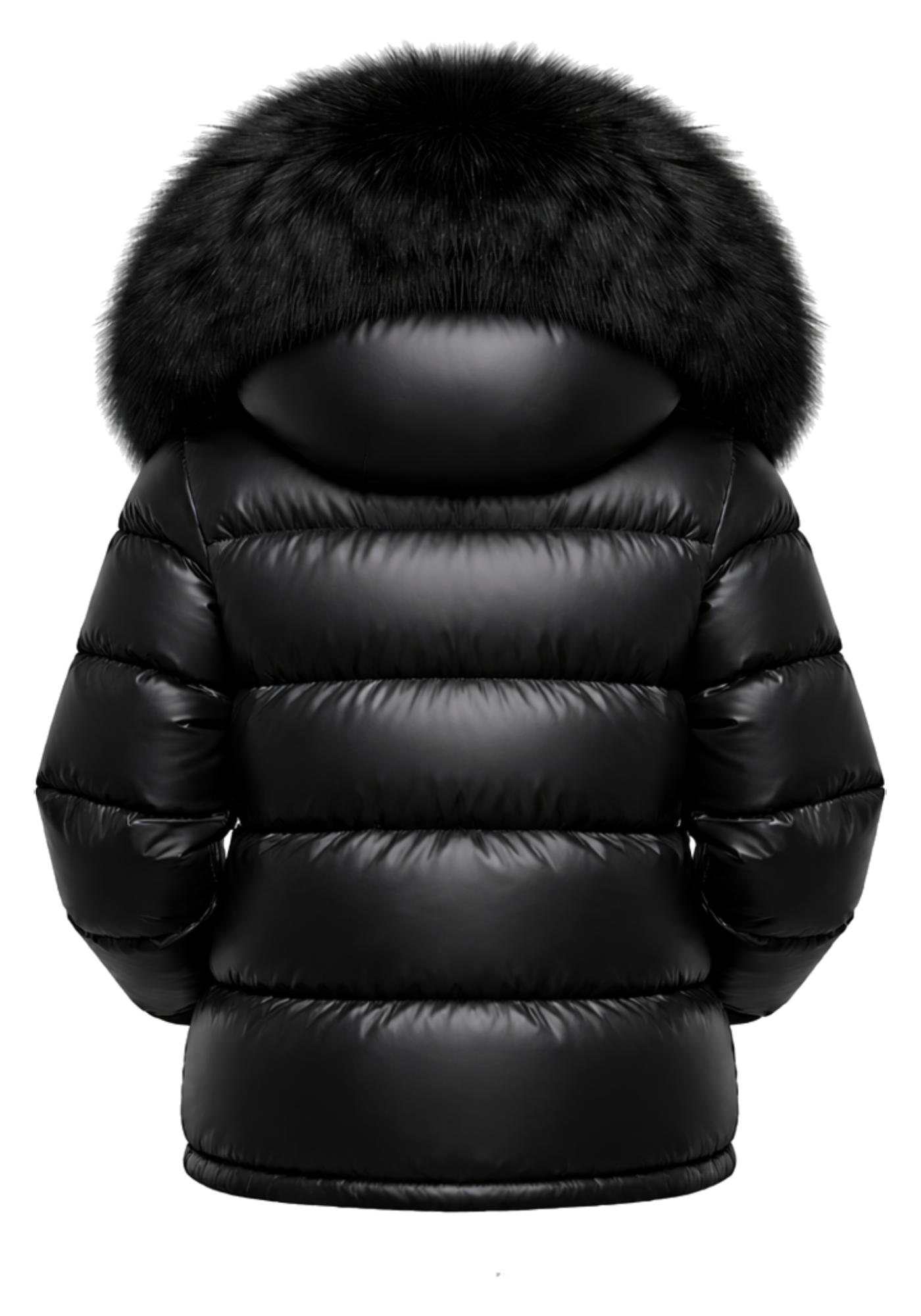 Black hooded puffer jacket with a large fur-textured hood trim, horizontal quilted panels, long sleeves, and a rounded overall shape.
