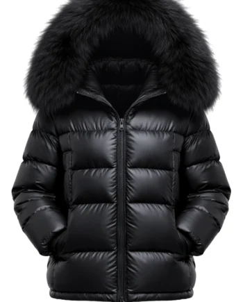 Black hooded puffer jacket with a large fur-textured hood trim, horizontal quilted panels, long sleeves, and a rounded overall shape.