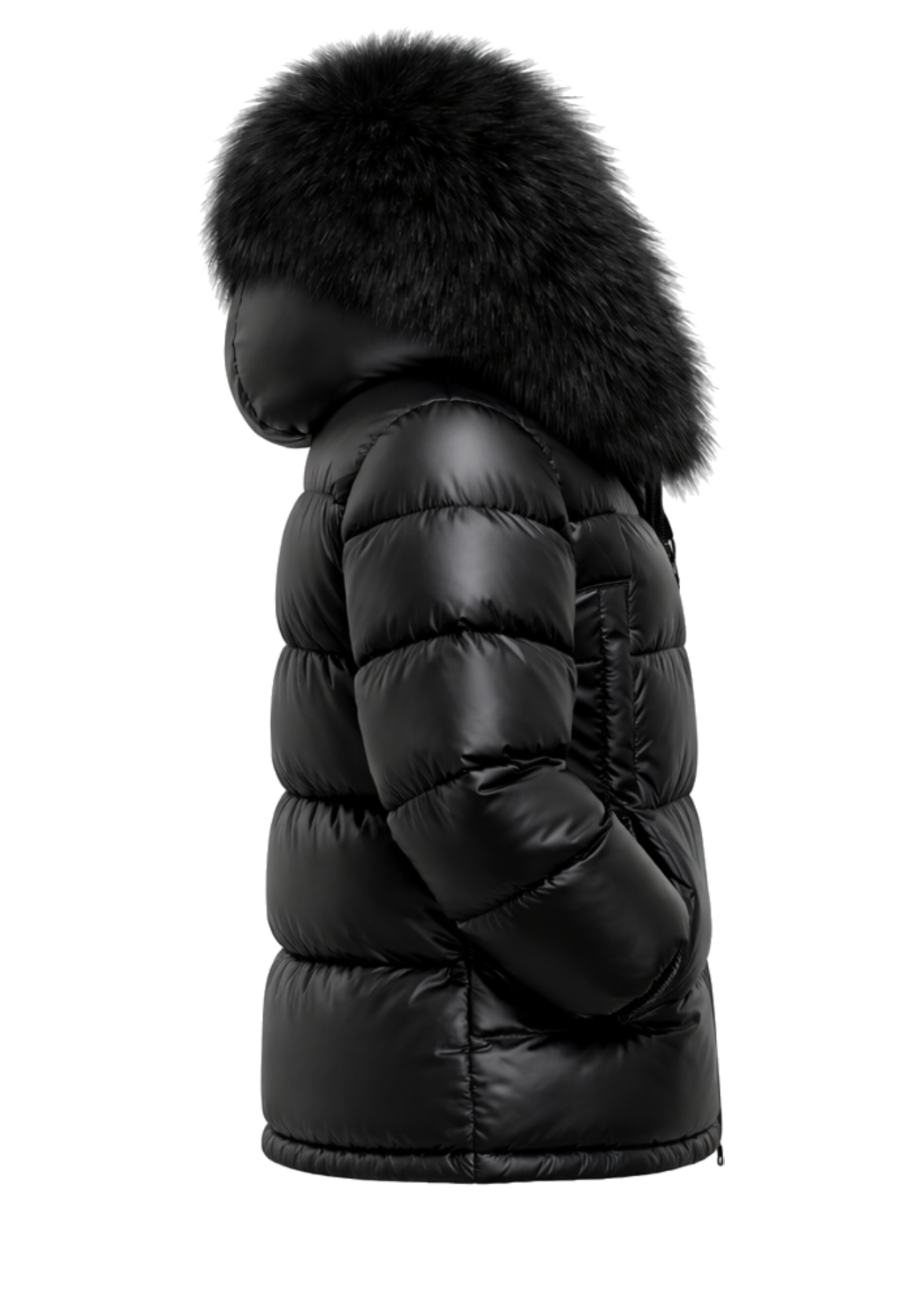 Black hooded puffer jacket with a large fur-textured hood trim, horizontal quilted panels, long sleeves, and a rounded overall shape.