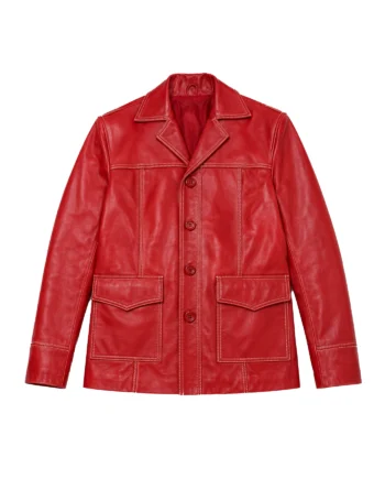 Red Brad Pitt Fight Club inspired jacket shown front and back with broad lapel collar, button front, long sleeves, contrast stitching, and patch pockets.