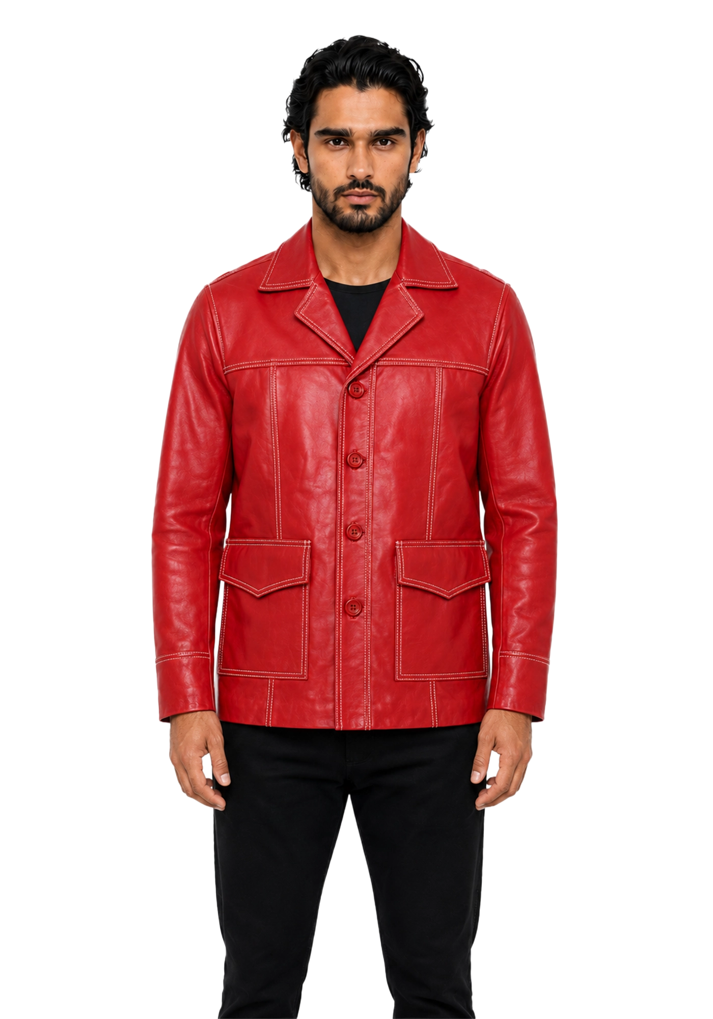 Red Brad Pitt Fight Club inspired jacket shown front and back with broad lapel collar, button front, long sleeves, contrast stitching, and patch pockets.