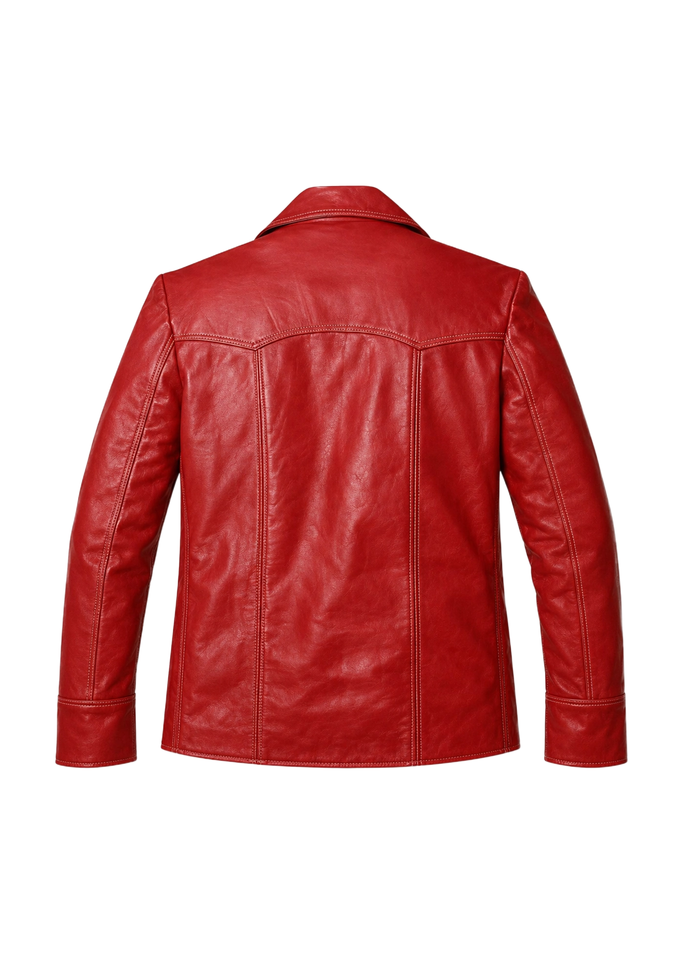 Red Brad Pitt Fight Club inspired jacket shown front and back with broad lapel collar, button front, long sleeves, contrast stitching, and patch pockets.