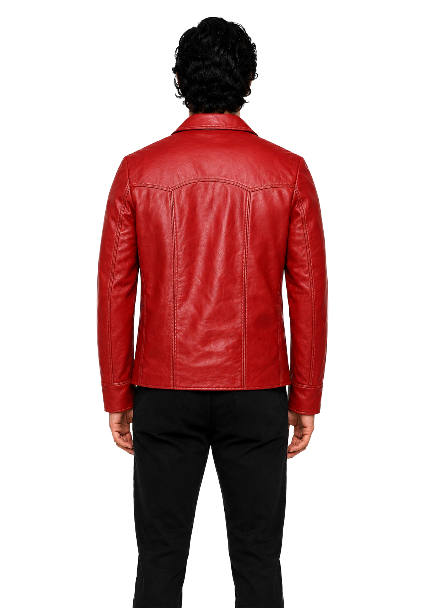 Red Brad Pitt Fight Club inspired jacket shown front and back with broad lapel collar, button front, long sleeves, contrast stitching, and patch pockets.