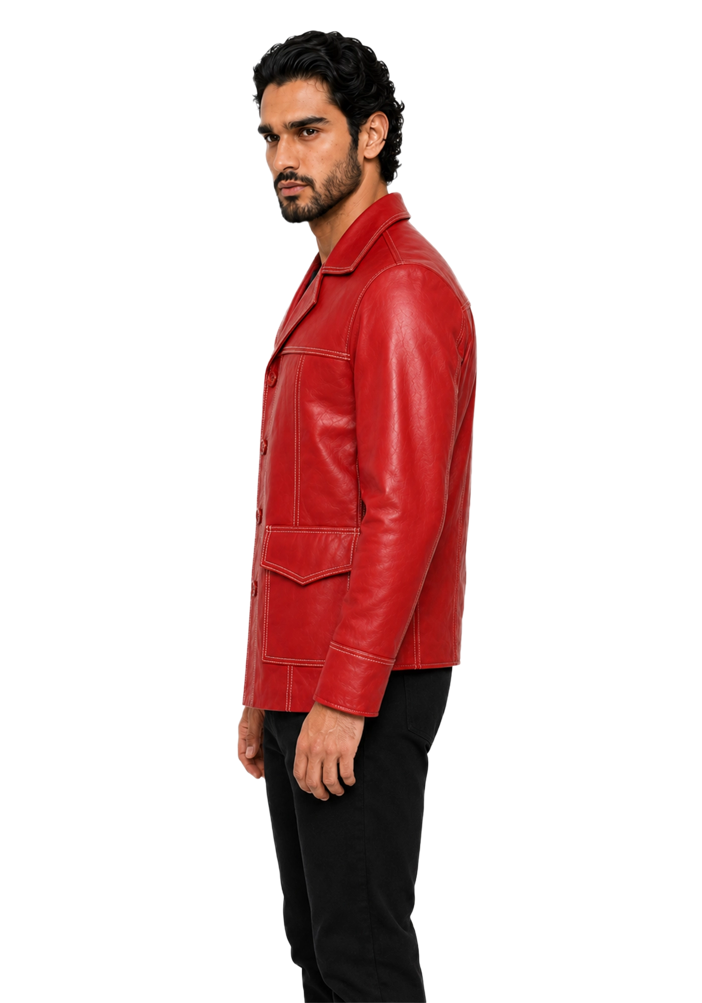Red Brad Pitt Fight Club inspired jacket shown front and back with broad lapel collar, button front, long sleeves, contrast stitching, and patch pockets.