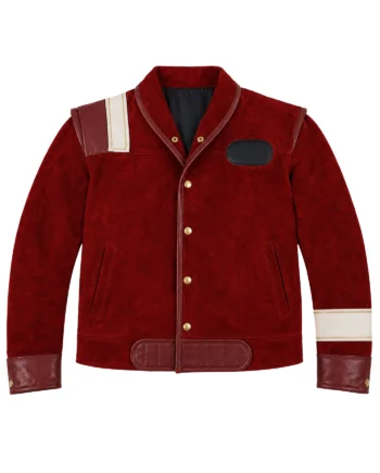 Burgundy Captain Kirk inspired jacket with brown trim, white sleeve bands, gold buttons, lapel collar, and rounded chest patch