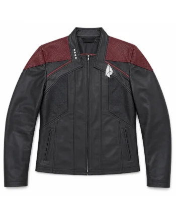 Black and burgundy Captain Riker inspired jacket with stand collar, front zipper, angular panels, Starfleet chest detail, and long sleeves.