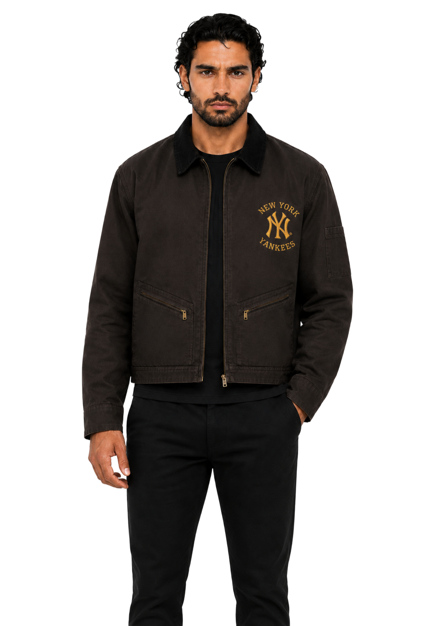 Pink and brown cotton crop jackets with shirt collars, long sleeves, embroidered Yankees graphics, angled pockets, and workwear seam details
