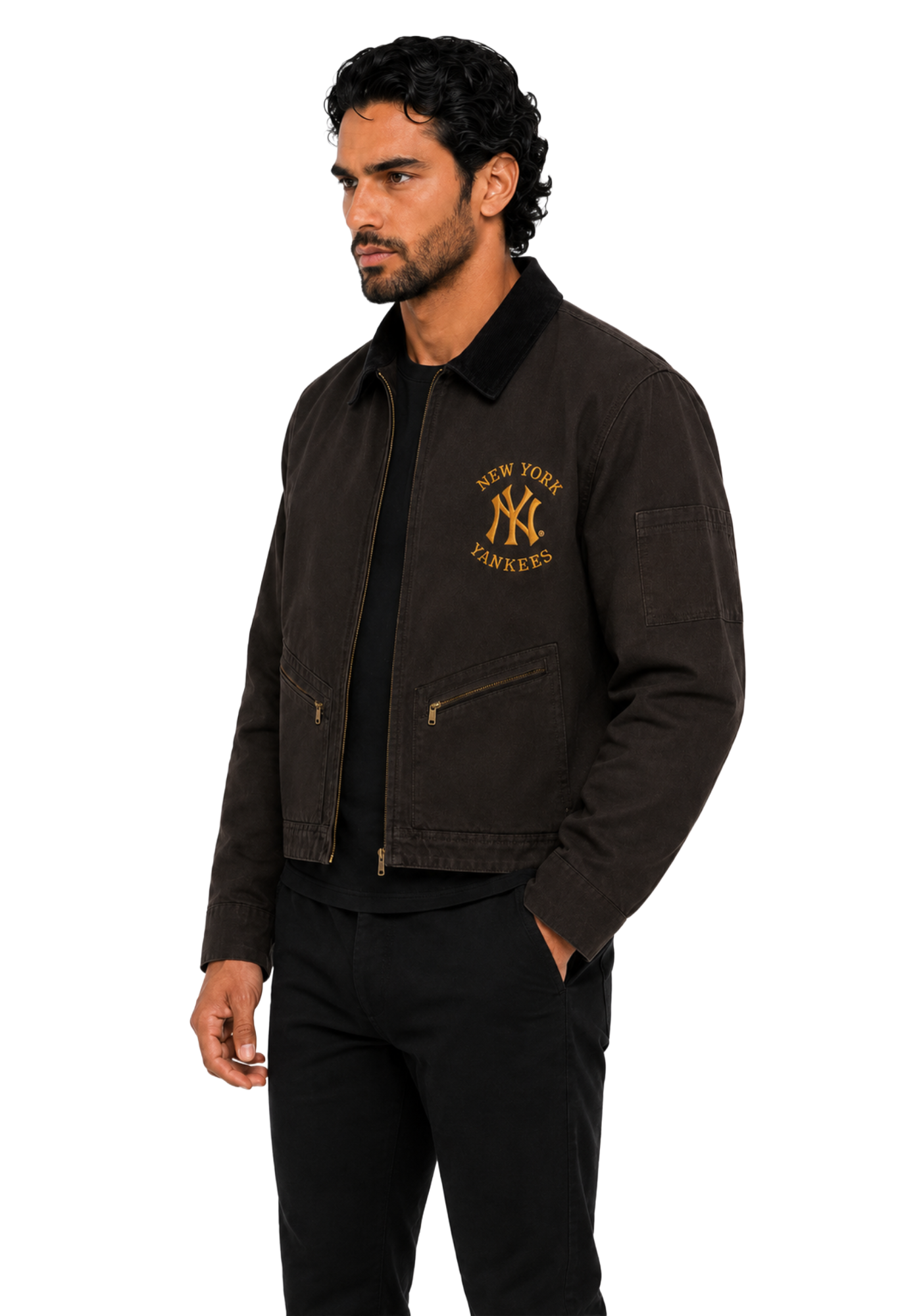 Pink and brown cotton crop jackets with shirt collars, long sleeves, embroidered Yankees graphics, angled pockets, and workwear seam details
