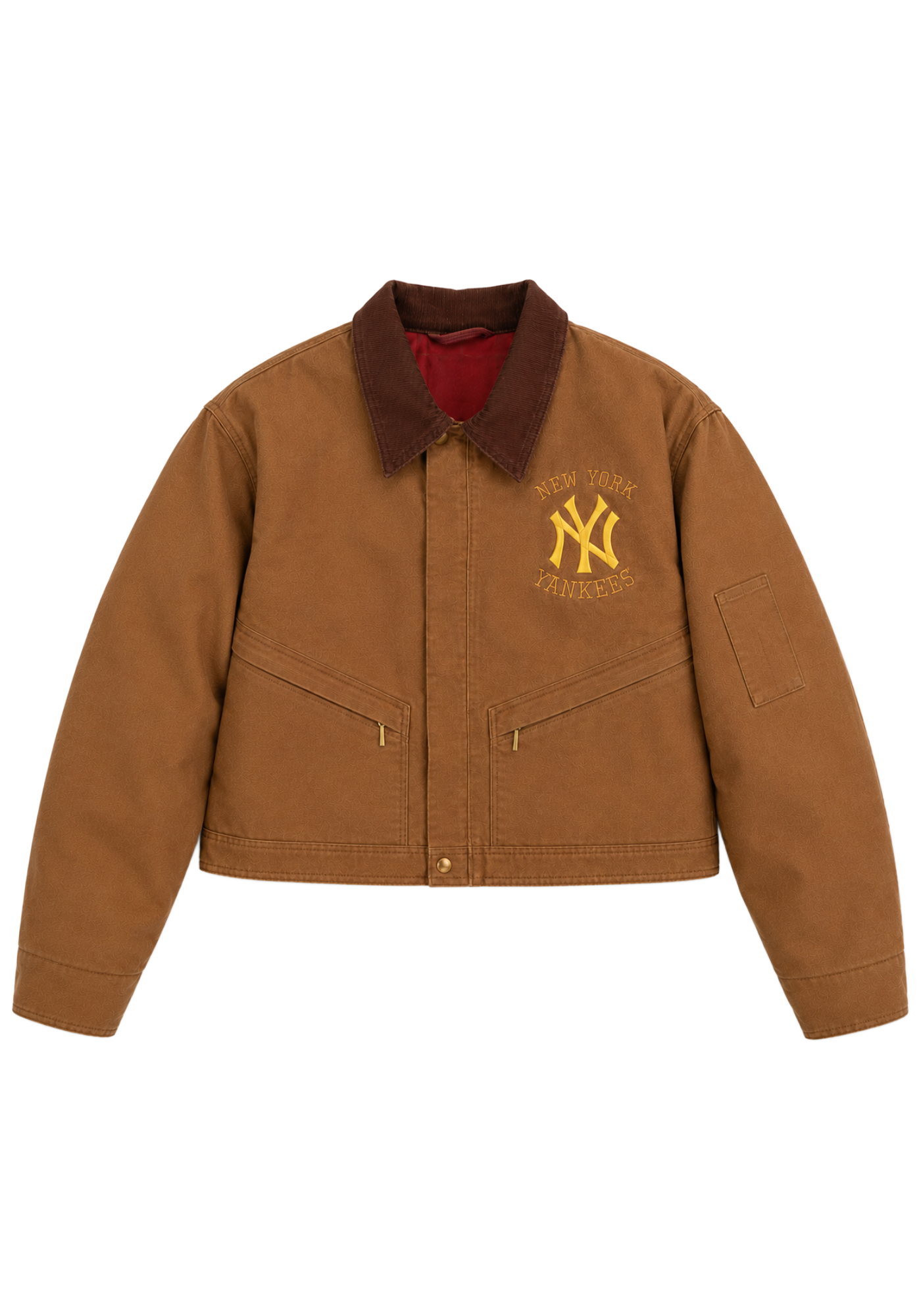 Pink and brown cotton crop jackets with shirt collars, long sleeves, embroidered Yankees graphics, angled pockets, and workwear seam details