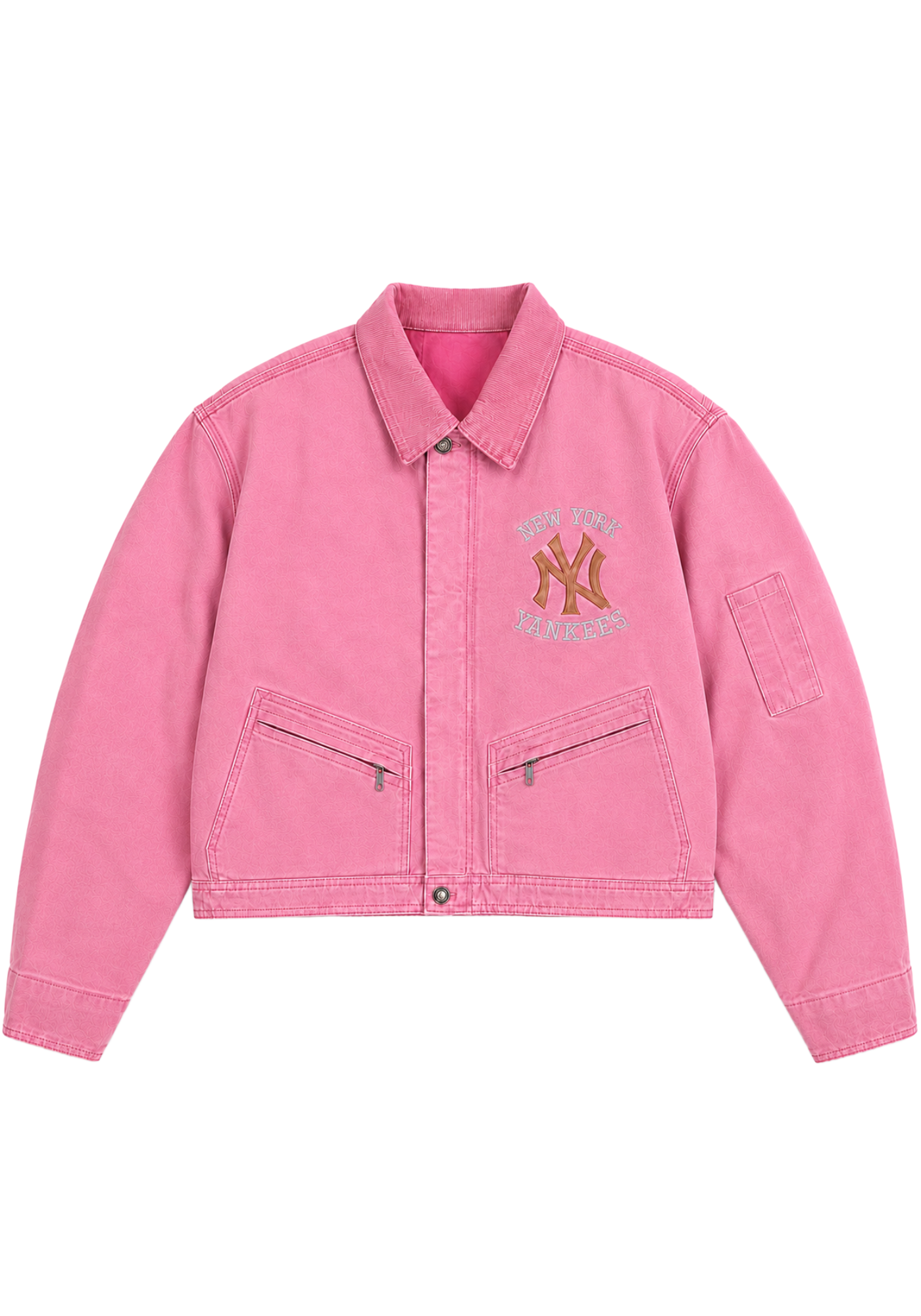 Pink and brown cotton crop jackets with shirt collars, long sleeves, embroidered Yankees graphics, angled pockets, and workwear seam details