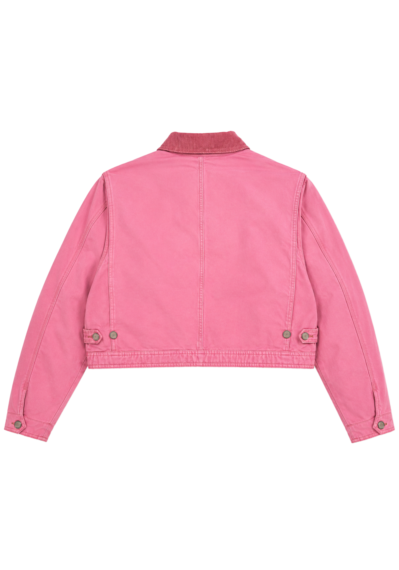 Pink and brown cotton crop jackets with shirt collars, long sleeves, embroidered Yankees graphics, angled pockets, and workwear seam details