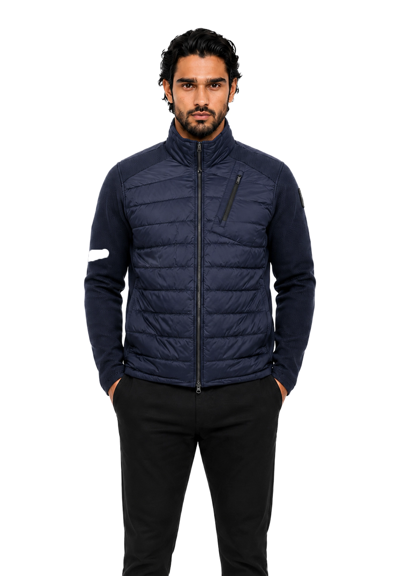 Navy Colter Shaw inspired puffer jacket with horizontal quilting, textured long sleeves, stand collar, and visible pocket zipper details