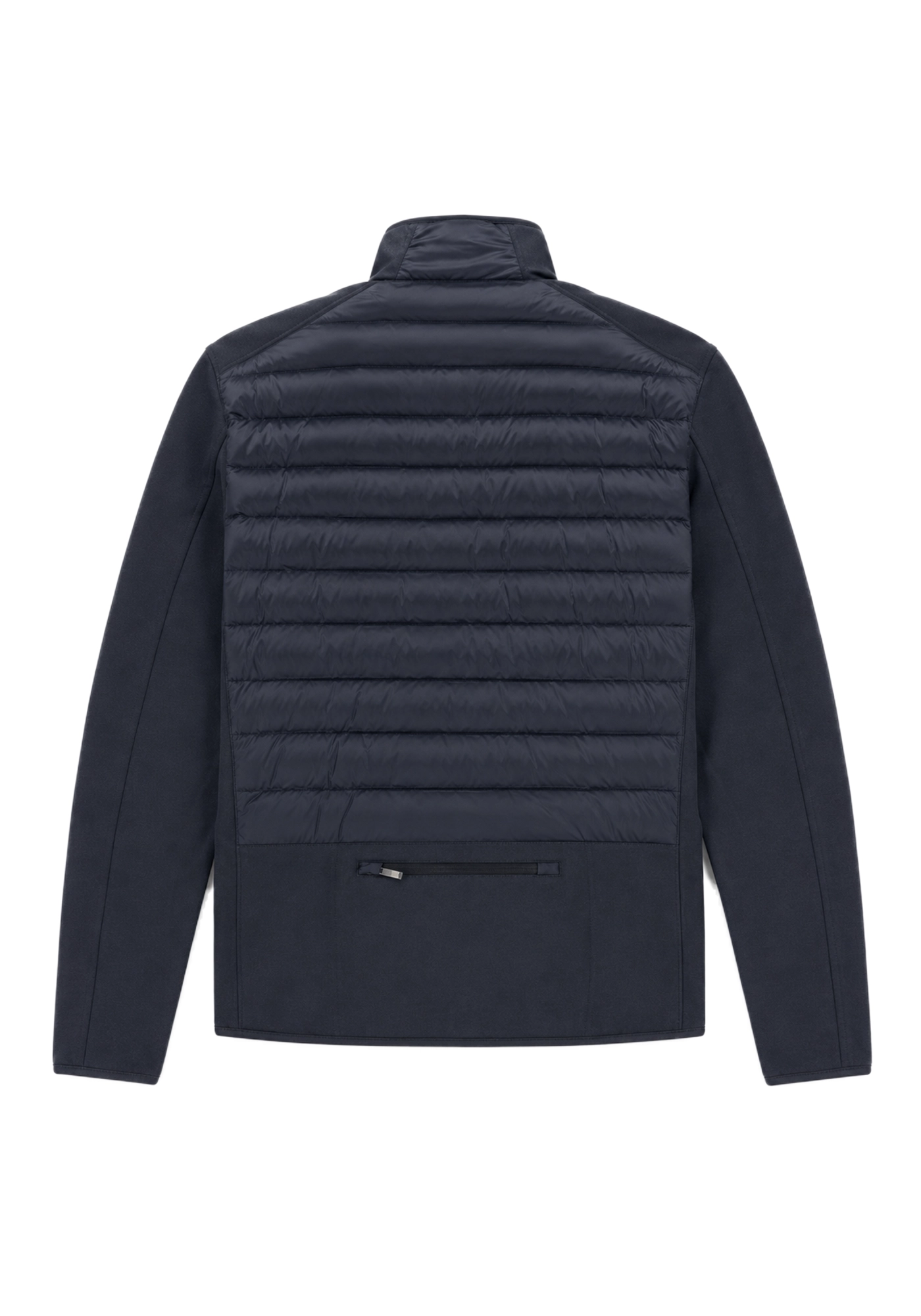 Navy Colter Shaw inspired puffer jacket with horizontal quilting, textured long sleeves, stand collar, and visible pocket zipper details