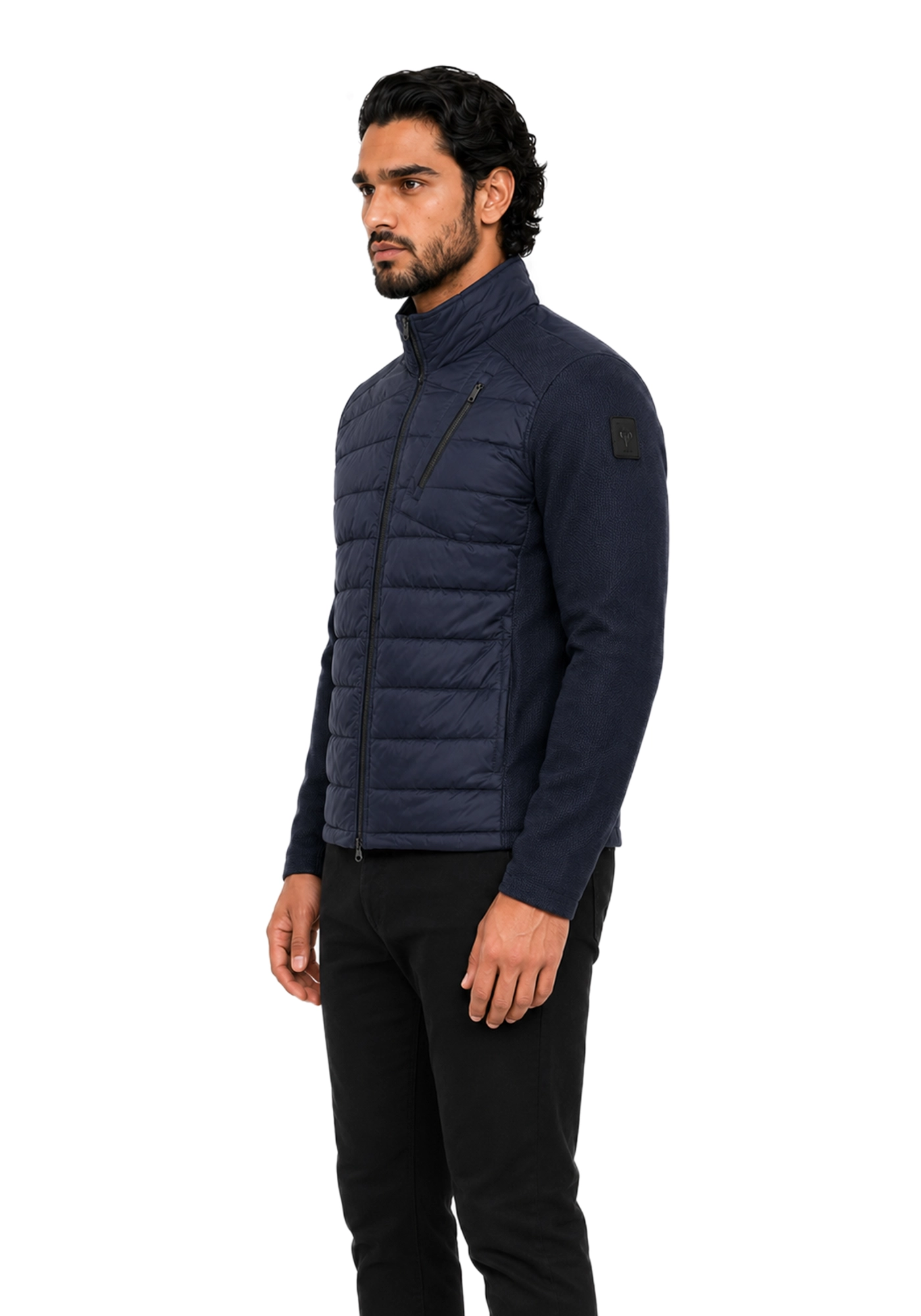 Navy Colter Shaw inspired puffer jacket with horizontal quilting, textured long sleeves, stand collar, and visible pocket zipper details