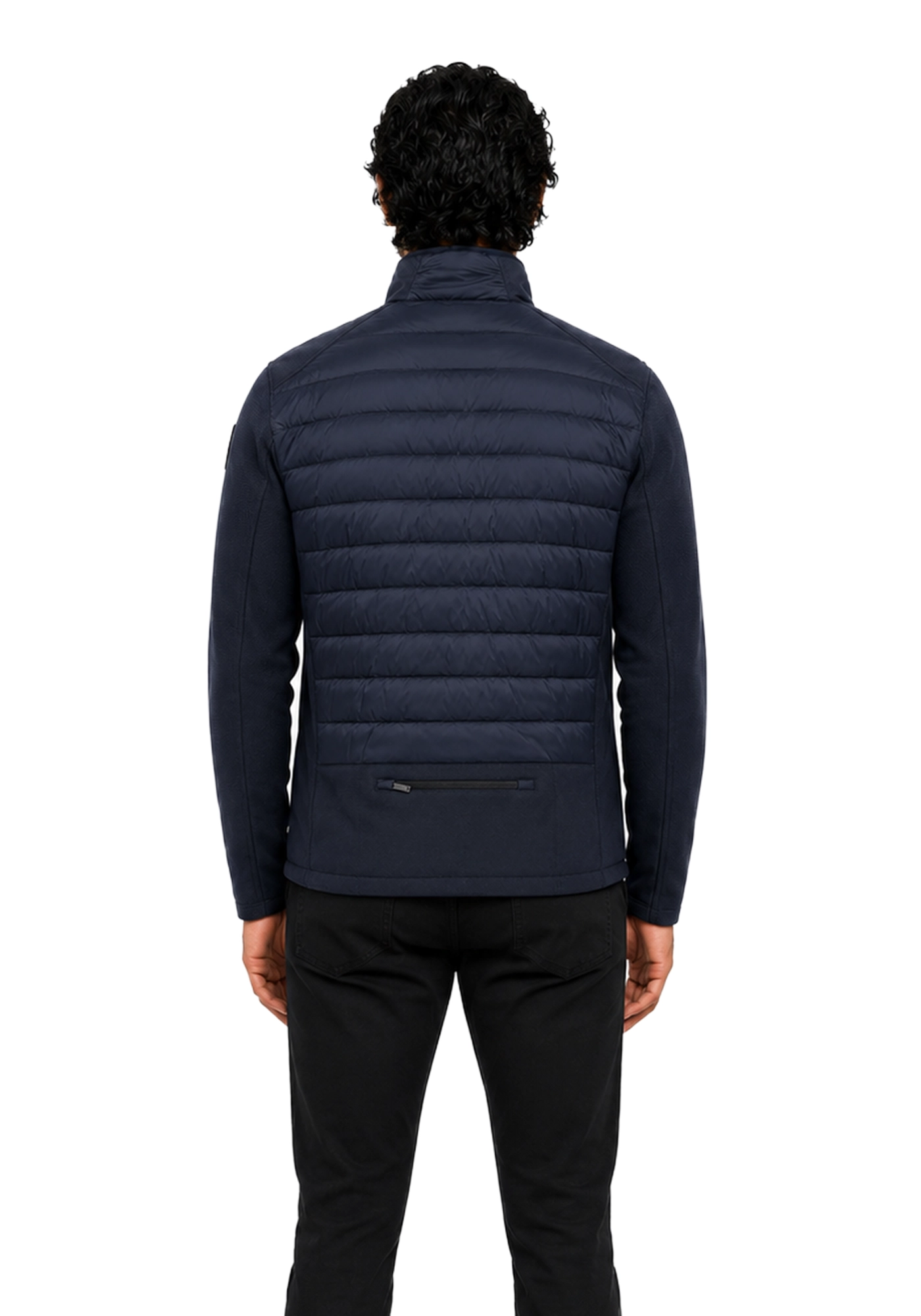 Navy Colter Shaw inspired puffer jacket with horizontal quilting, textured long sleeves, stand collar, and visible pocket zipper details