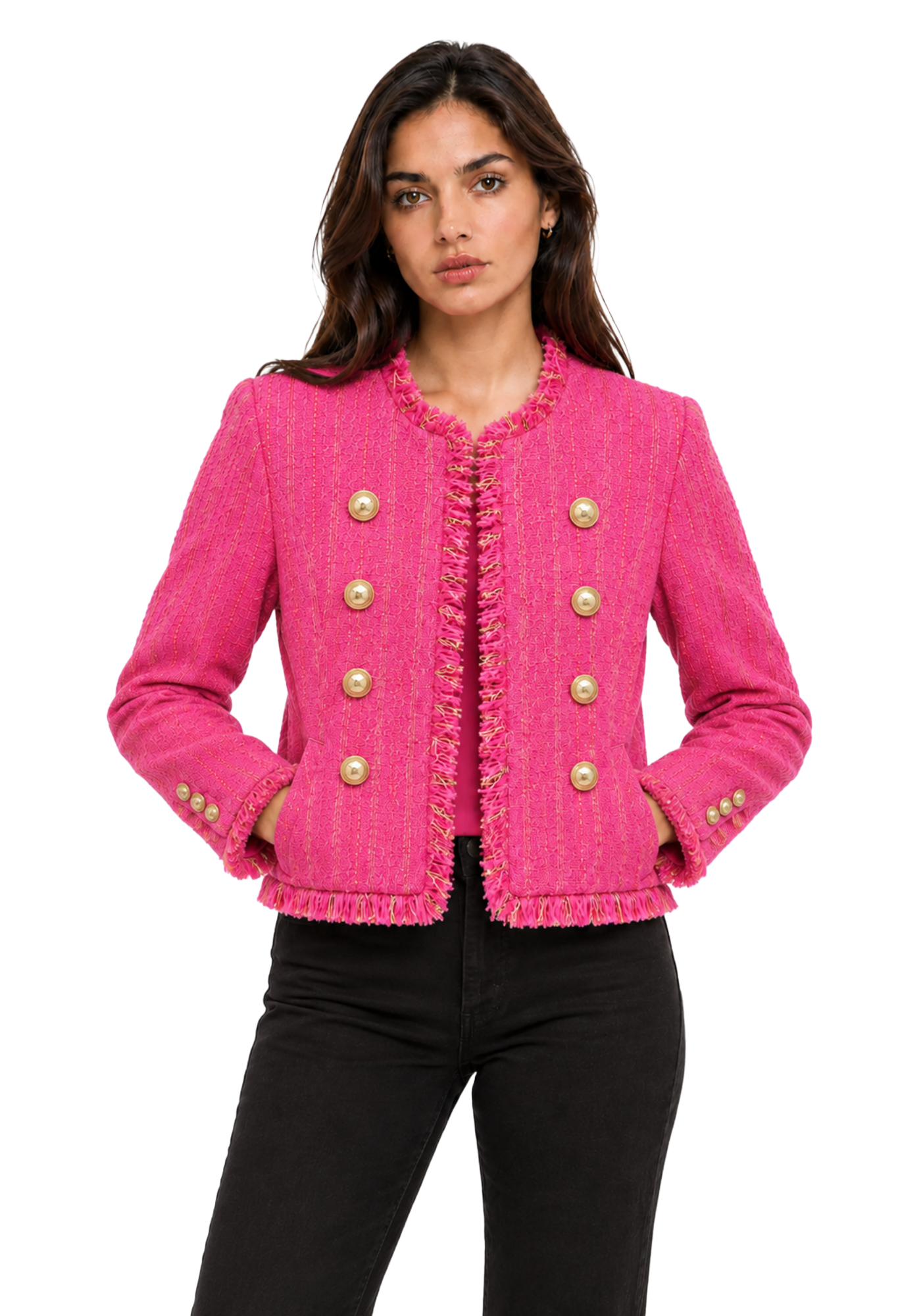 Pink Dana Perino inspired crop jacket with textured vertical weave, gold-tone buttons, long sleeves, and fringe trim around the cuffs and hem