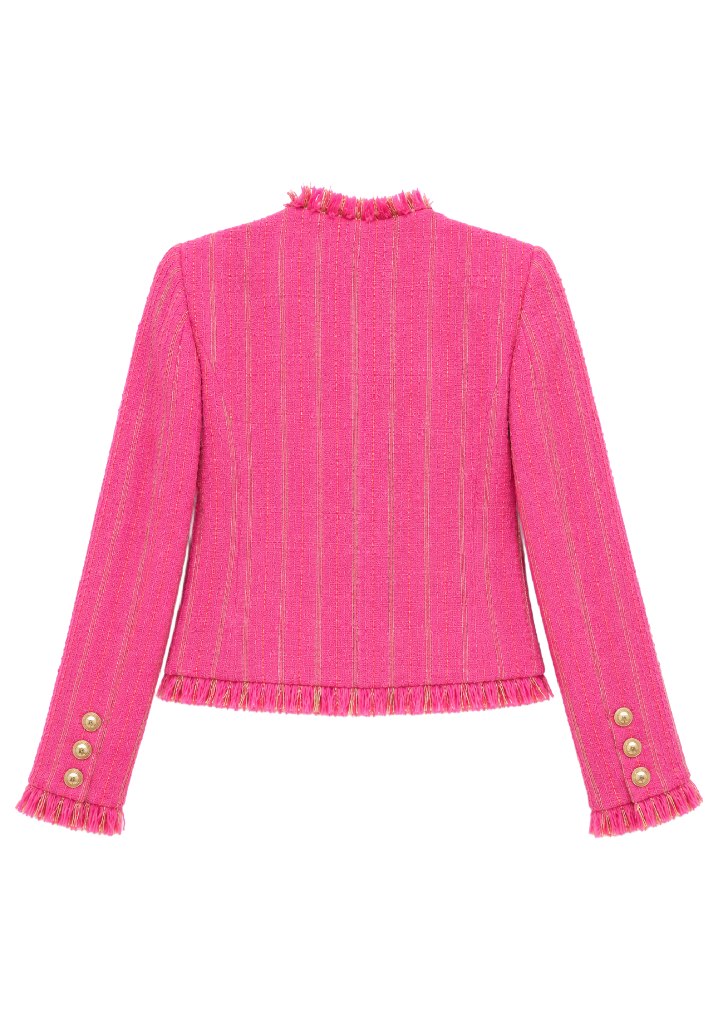 Pink Dana Perino inspired crop jacket with textured vertical weave, gold-tone buttons, long sleeves, and fringe trim around the cuffs and hem