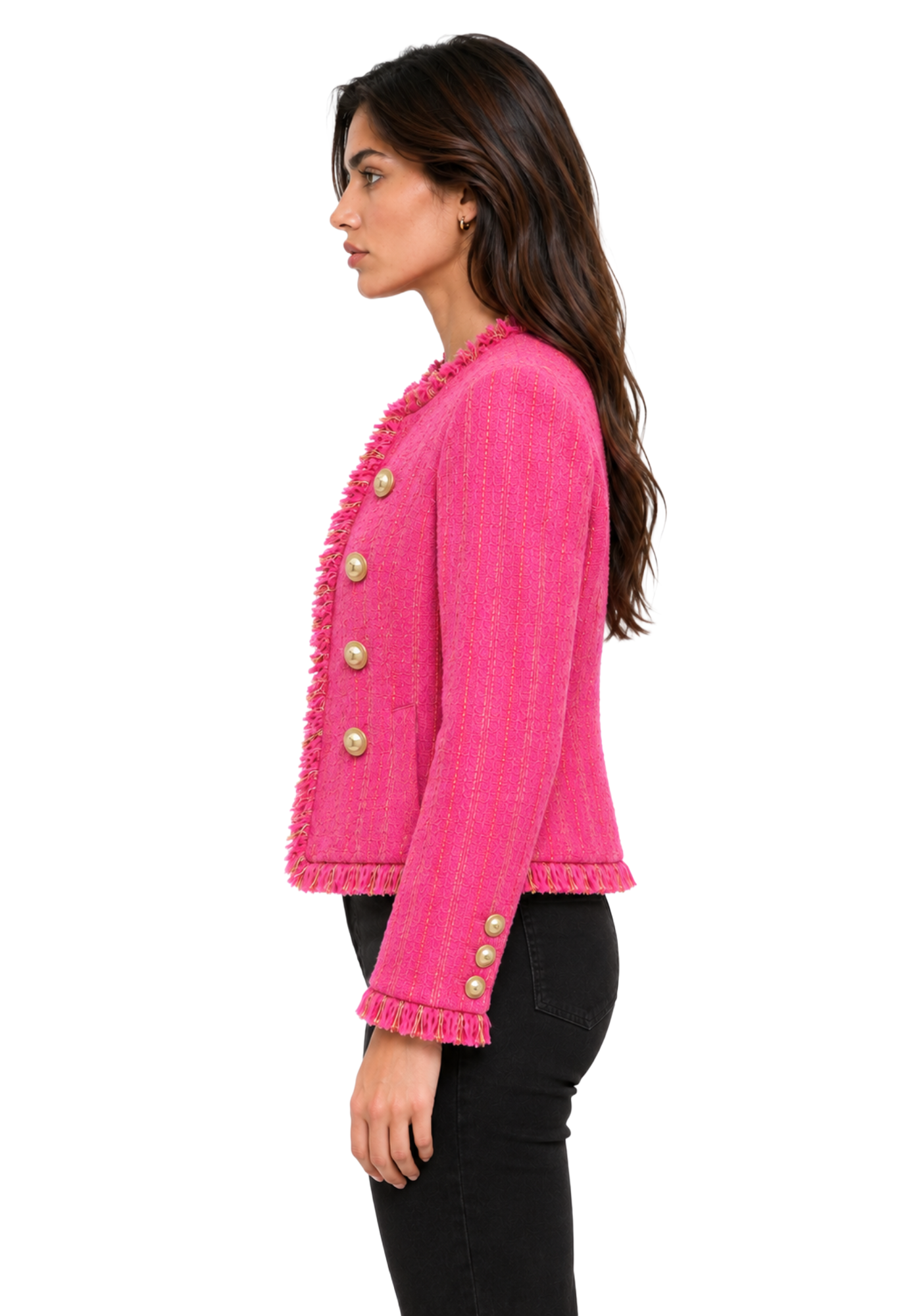 Pink Dana Perino inspired crop jacket with textured vertical weave, gold-tone buttons, long sleeves, and fringe trim around the cuffs and hem