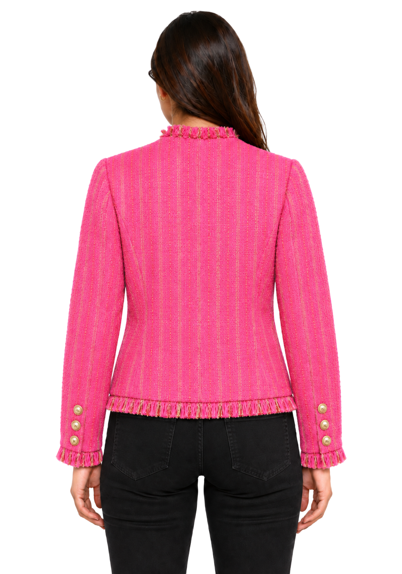 Pink Dana Perino inspired crop jacket with textured vertical weave, gold-tone buttons, long sleeves, and fringe trim around the cuffs and hem