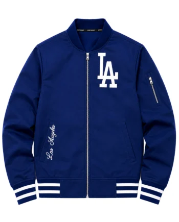 Royal blue and white Dodgers-inspired bomber jacket with striped ribbed cuffs, waistband, raised collar, and baseball patch
