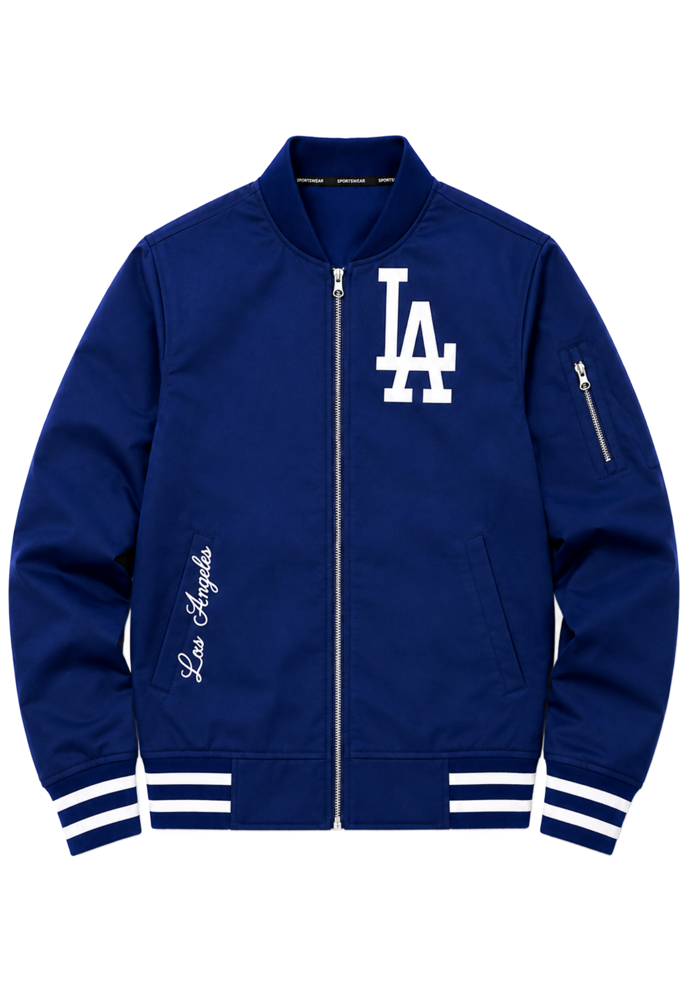 Royal blue and white Dodgers-inspired bomber jacket with striped ribbed cuffs, waistband, raised collar, and baseball patch