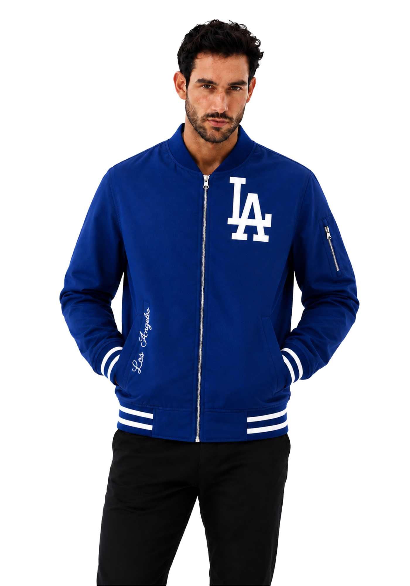 Royal blue and white Dodgers-inspired bomber jacket with striped ribbed cuffs, waistband, raised collar, and baseball patch